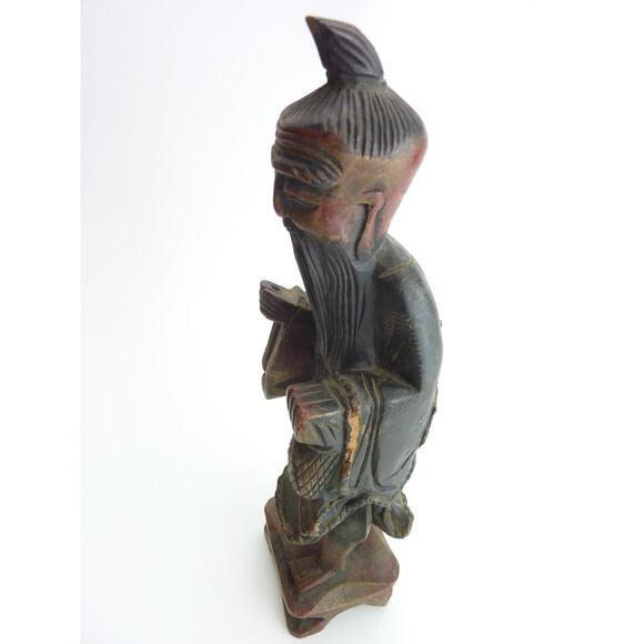 Vintage Chinese Shou Lao Fish Carved Wood Figures Statue Longevity - Picture 4 of 7